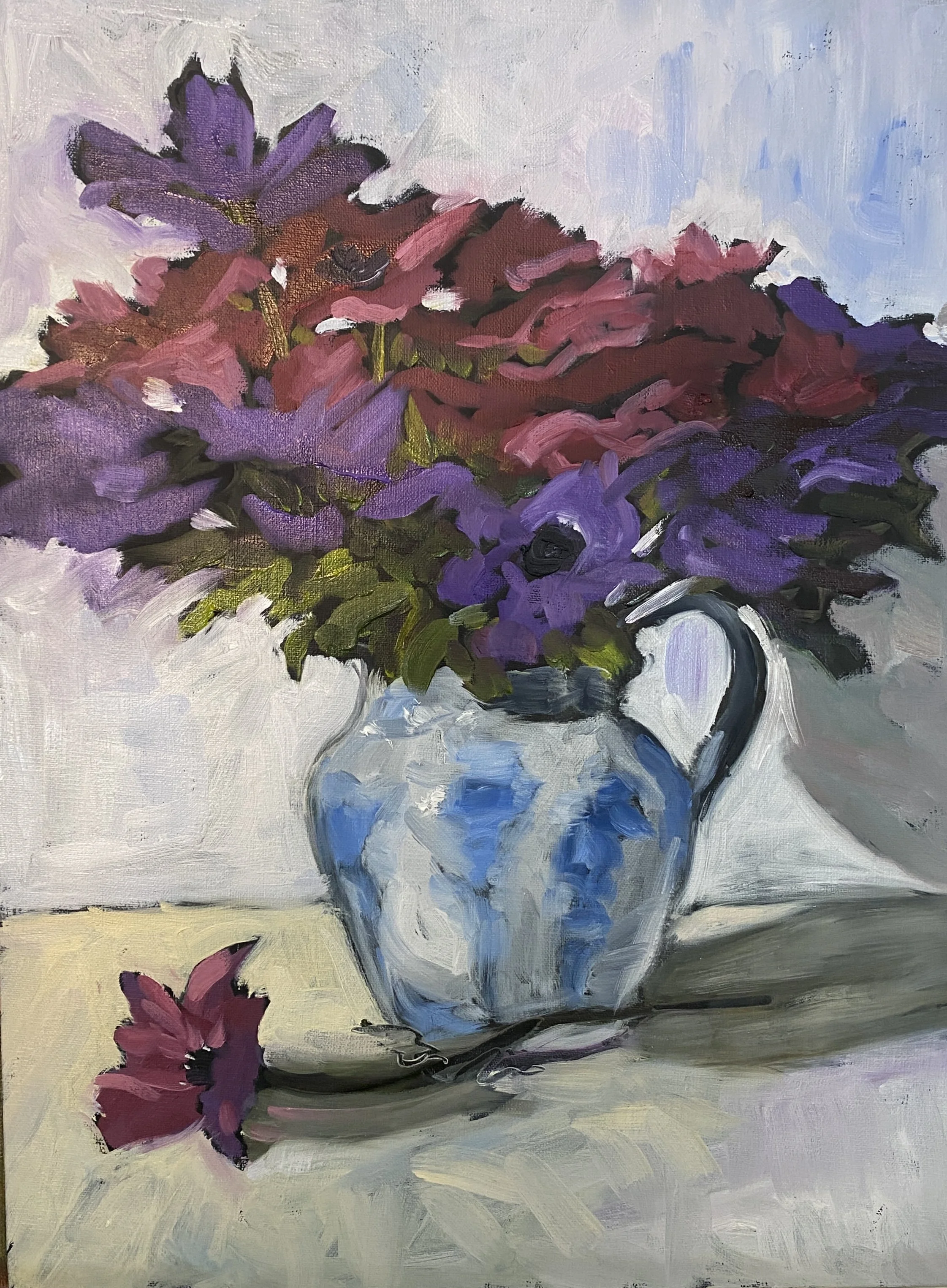 Anemones with Blue Vase, oil on panel, 12 x 16 in.