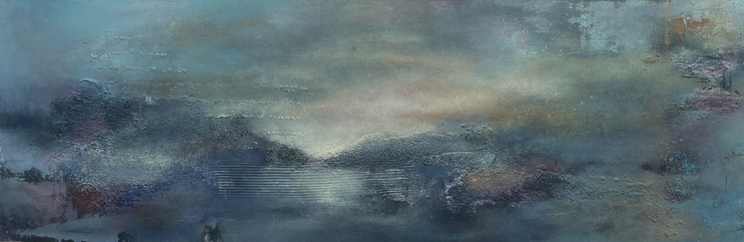 The Space Between, oil and cold wax/plaster, 12 x 36 in.