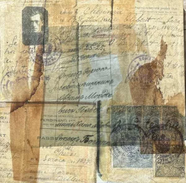 Harry's Journey, encaustic collage, 12 x 12 in.