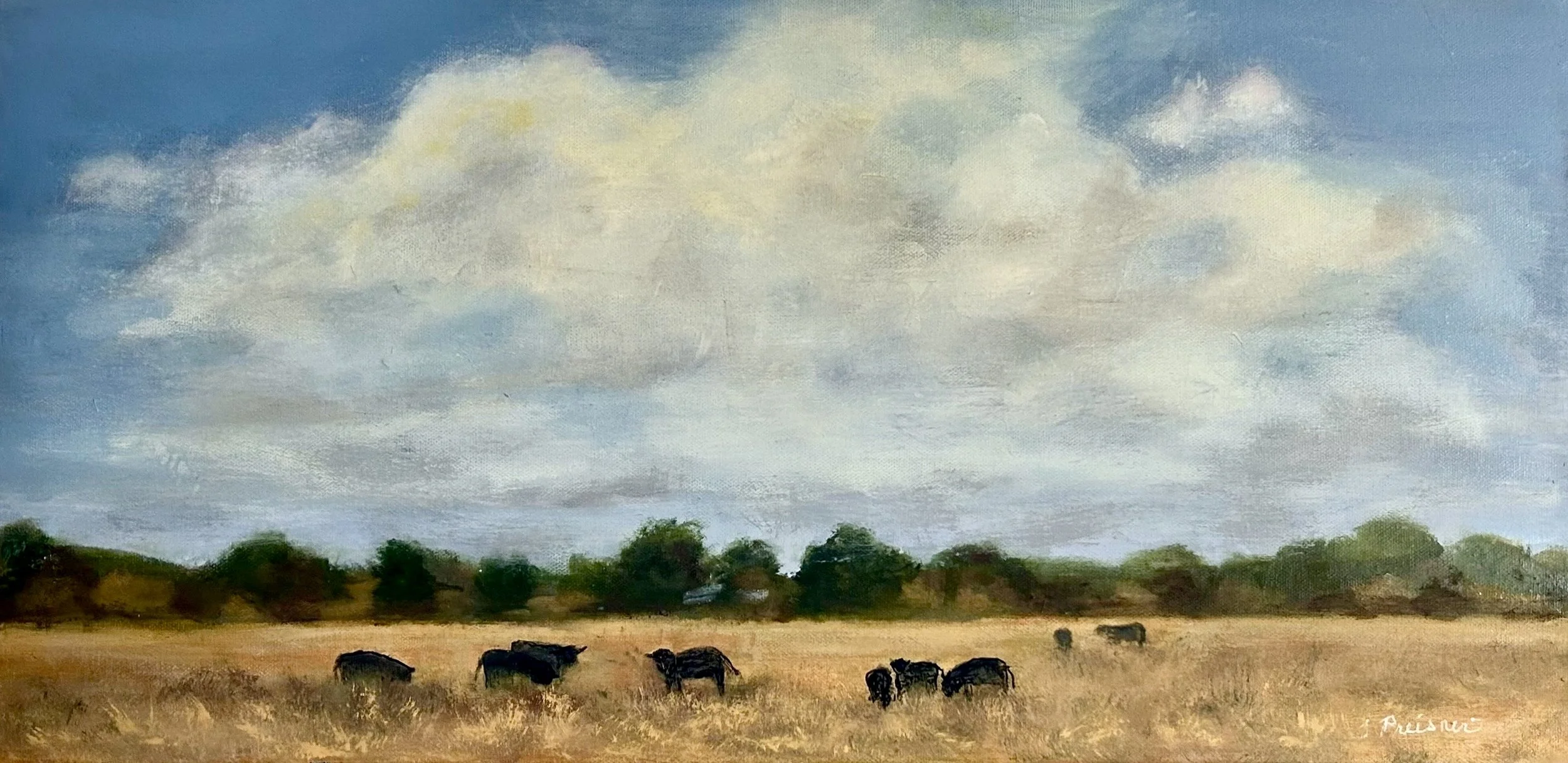 Grazing Under Cumulus Clouds, oil on linen, 12 x 24 in.