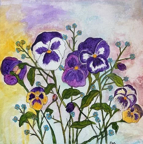 Pansies and Forget-me nots, Acrylic Paint, 12 x 12 in.