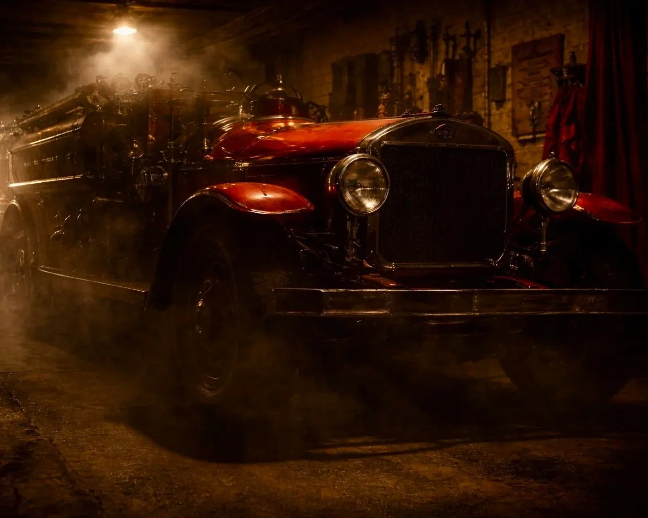 A vintage red and black truck in a dimly lit, smoky environment with a rustic background.