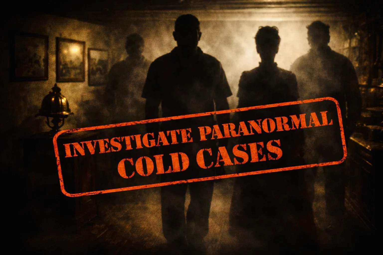 Silhouettes of four people standing in a dimly lit, smoky room with framed pictures on the walls and a lamp on a table, with a red stamp overlay that says "Investigate Paranormal Cold Cases."