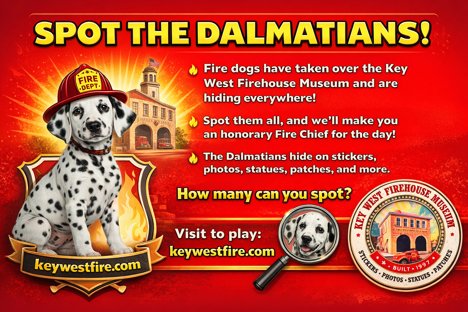 Fireman dog wearing a red fire helmet with 'FIRE DEPT' written on it, sitting in front of a fire station with two fire trucks, promoting a game to spot Dalmatian dogs hiding in images related to the Key West Firehouse Museum.