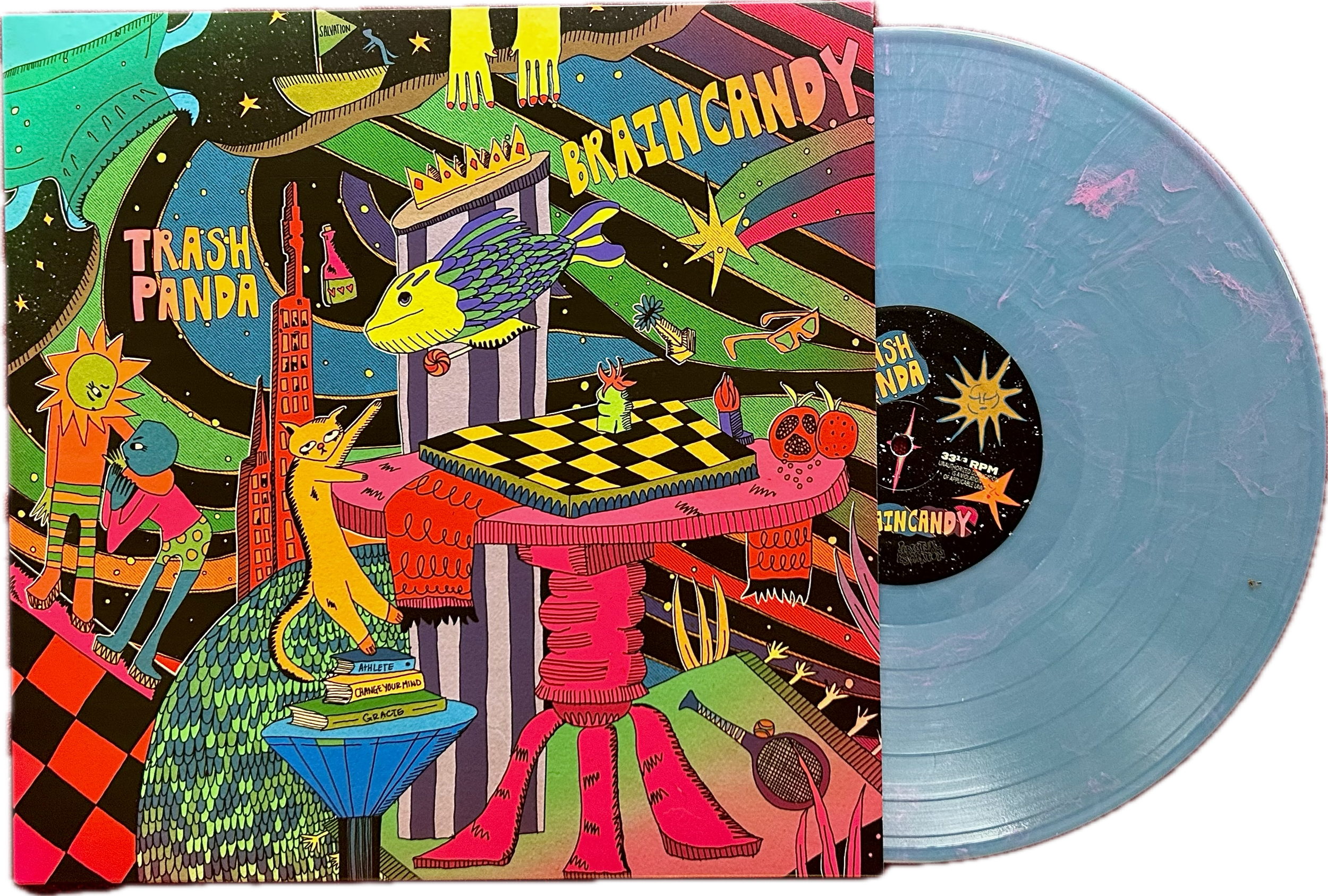Colorful illustration on the vinyl record cover featuring a dragon, a panda, a cat, a bird, and various playful and surreal elements with words like "Trash Panda" and "BrainiCandy."