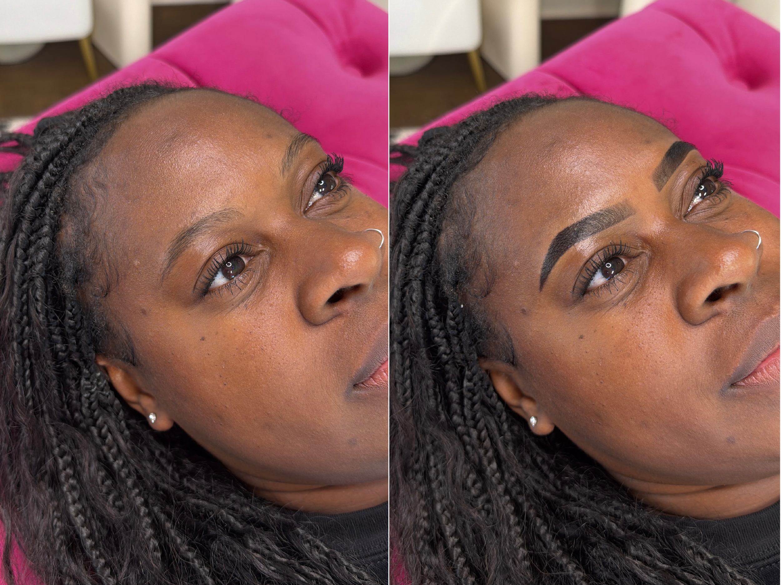 Close-up of a woman with braids lying on a pink chair, showing her face and makeup with a focus on her eyebrows and eyes.