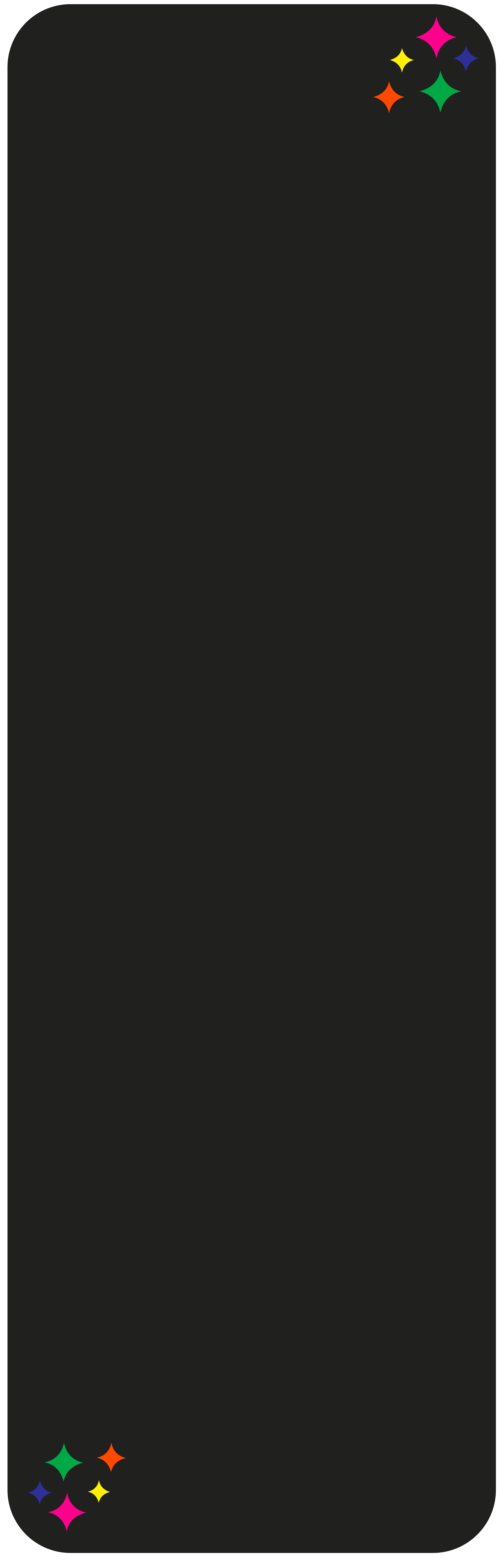 Black vertical banner with four colorful stars in the top right corner and four more in the bottom left corner. The stars are pink, yellow, blue, green, and orange.
