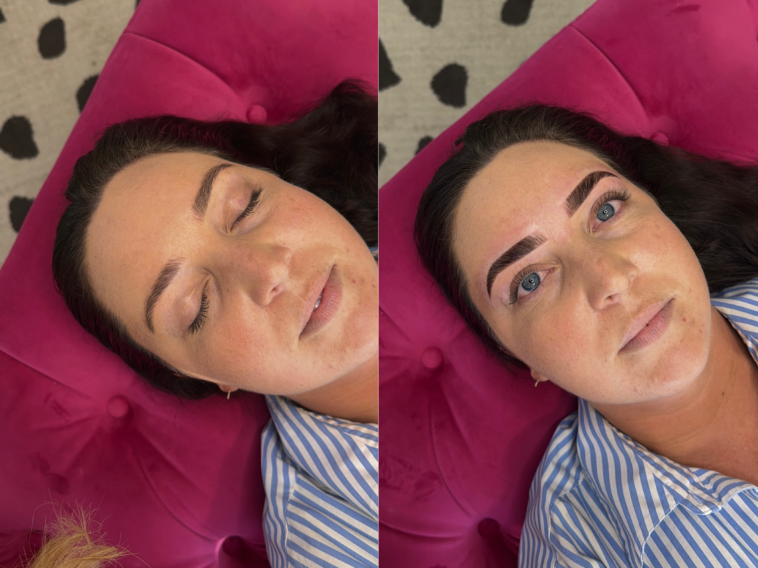 A woman with long dark hair lies on a pink pillow with her eyes closed, showing a side-by-side comparison of her eyebrows before and after a cosmetic treatment, with her skin slightly freckled and wearing a striped garment.