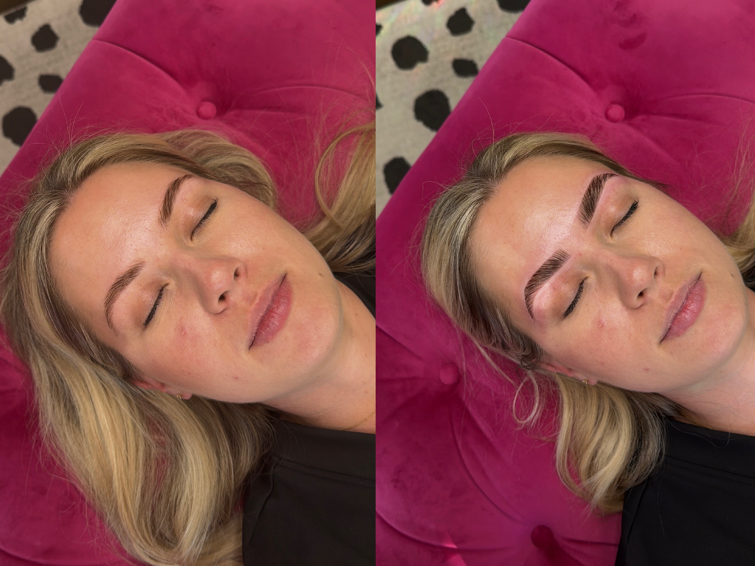 A woman with blonde hair and closed eyes lying on a pink cushioned surface with black polka dots, showcasing freshly done eyebrows.