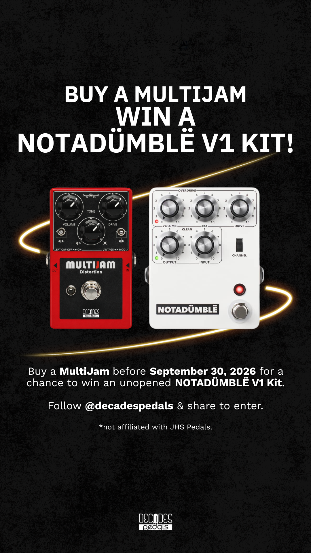 Advertisement for a promotion to buy a MultiJam guitar pedal before September 30, 2026, for a chance to win a Notadümlë V1 kit, featuring images of the MultiJam and Notadümlë pedals against a dark background with yellow light streaks.