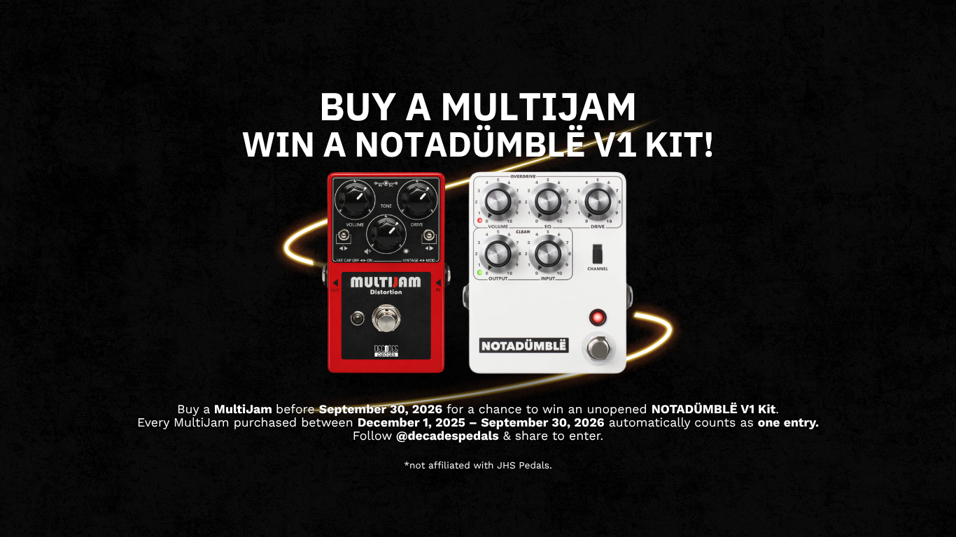 Promotion for a music pedal contest, featuring two guitar pedals, with details about purchasing a MultiJam pedal before September 30, 2026, for a chance to win a NOTADÜMBLÉ V1 Kit.