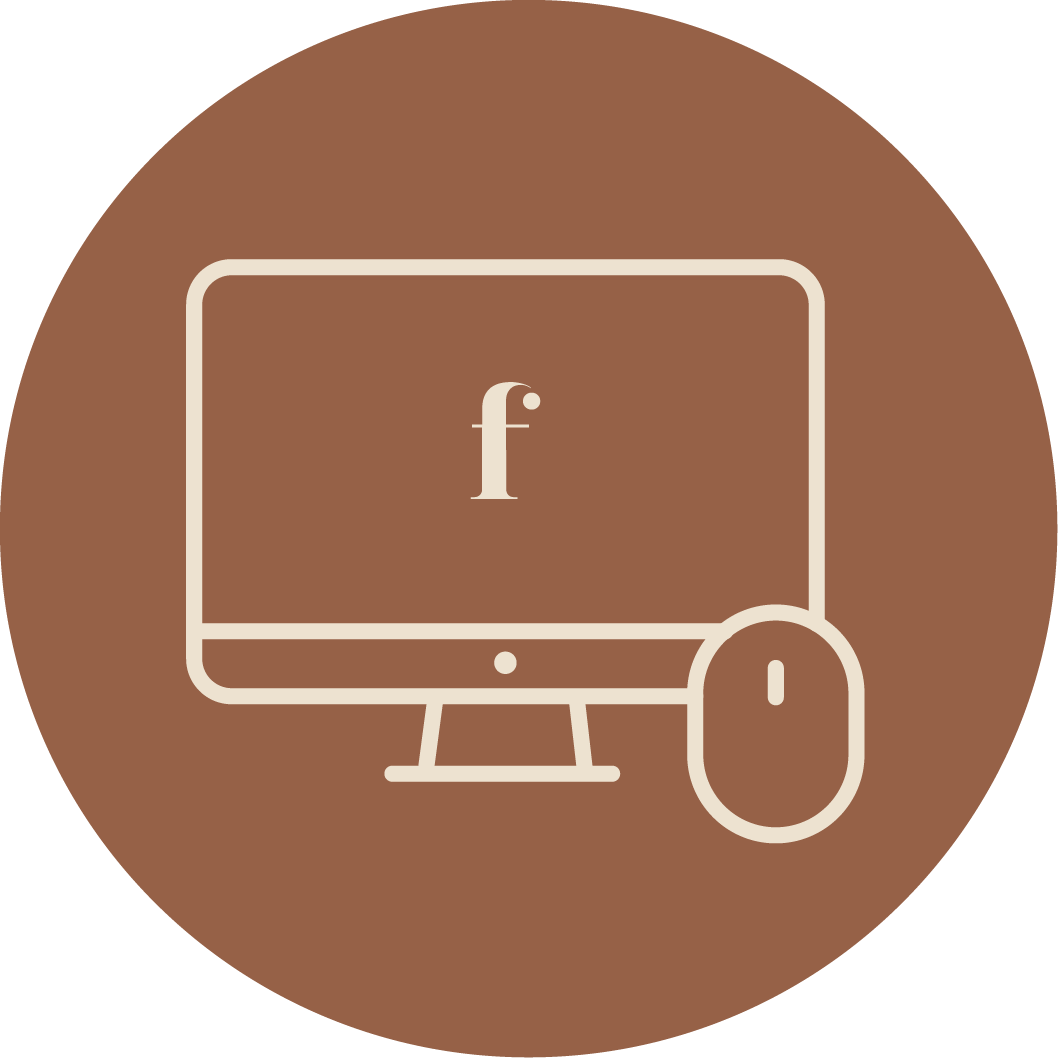 Icon of a desktop computer with a monitor, mouse, and the letter 'f' on the screen, all set against a brown circular background.