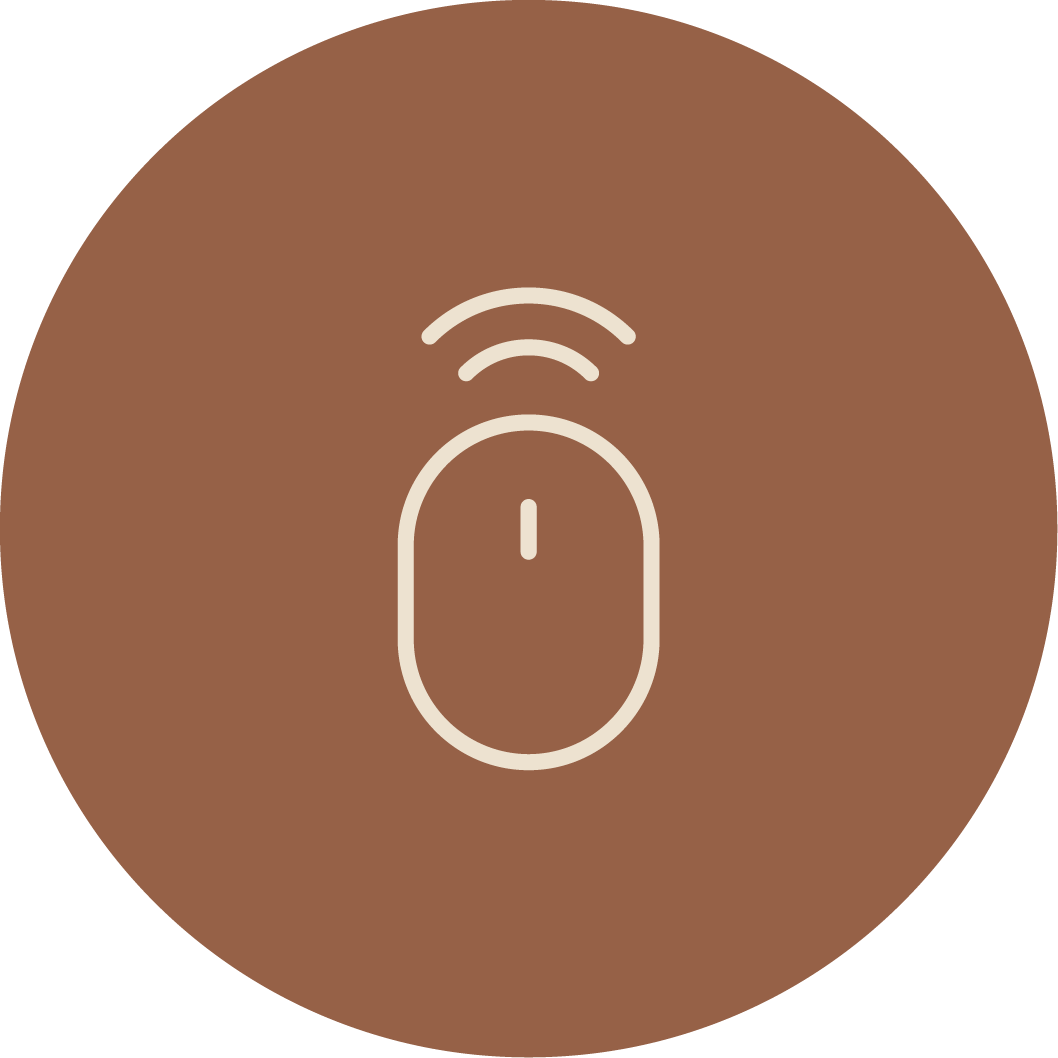 Icon of a computer mouse on a brown circular background.