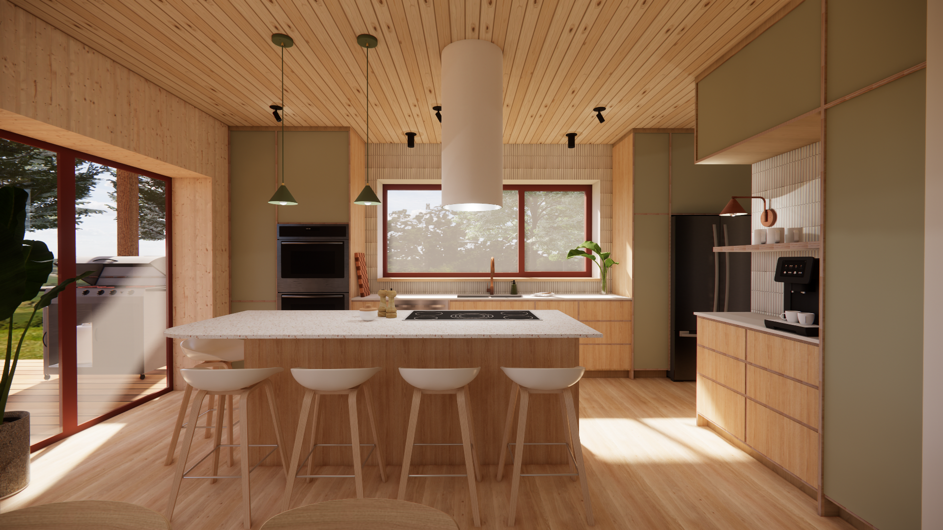 Modern kitchen with wooden cabinets, a central island with bar stools, large window, and sliding glass door leading to an outdoor wooden deck with grill.