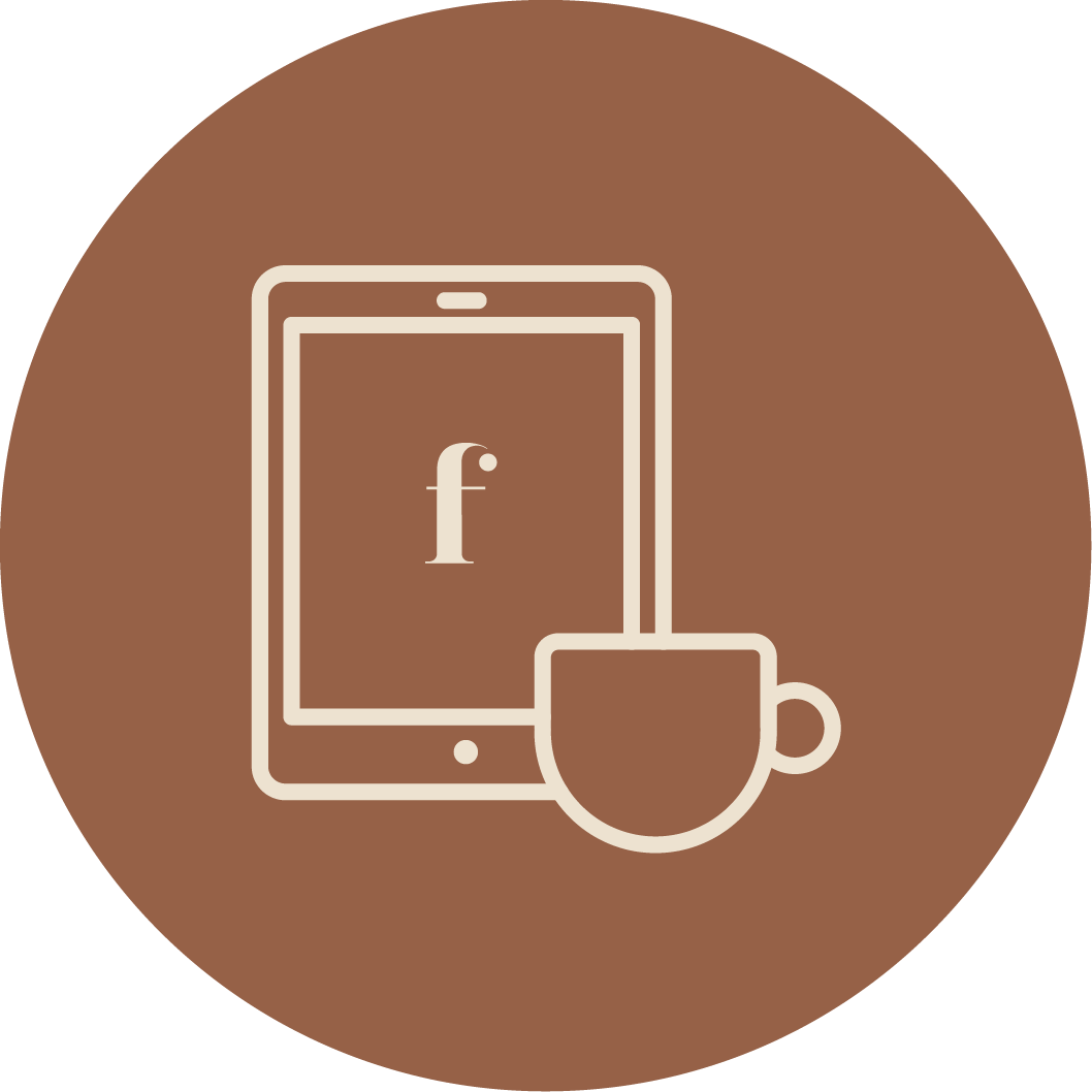 Icon of a smartphone with the Facebook logo on the screen, accompanied by a coffee mug, all within a brown circular background.