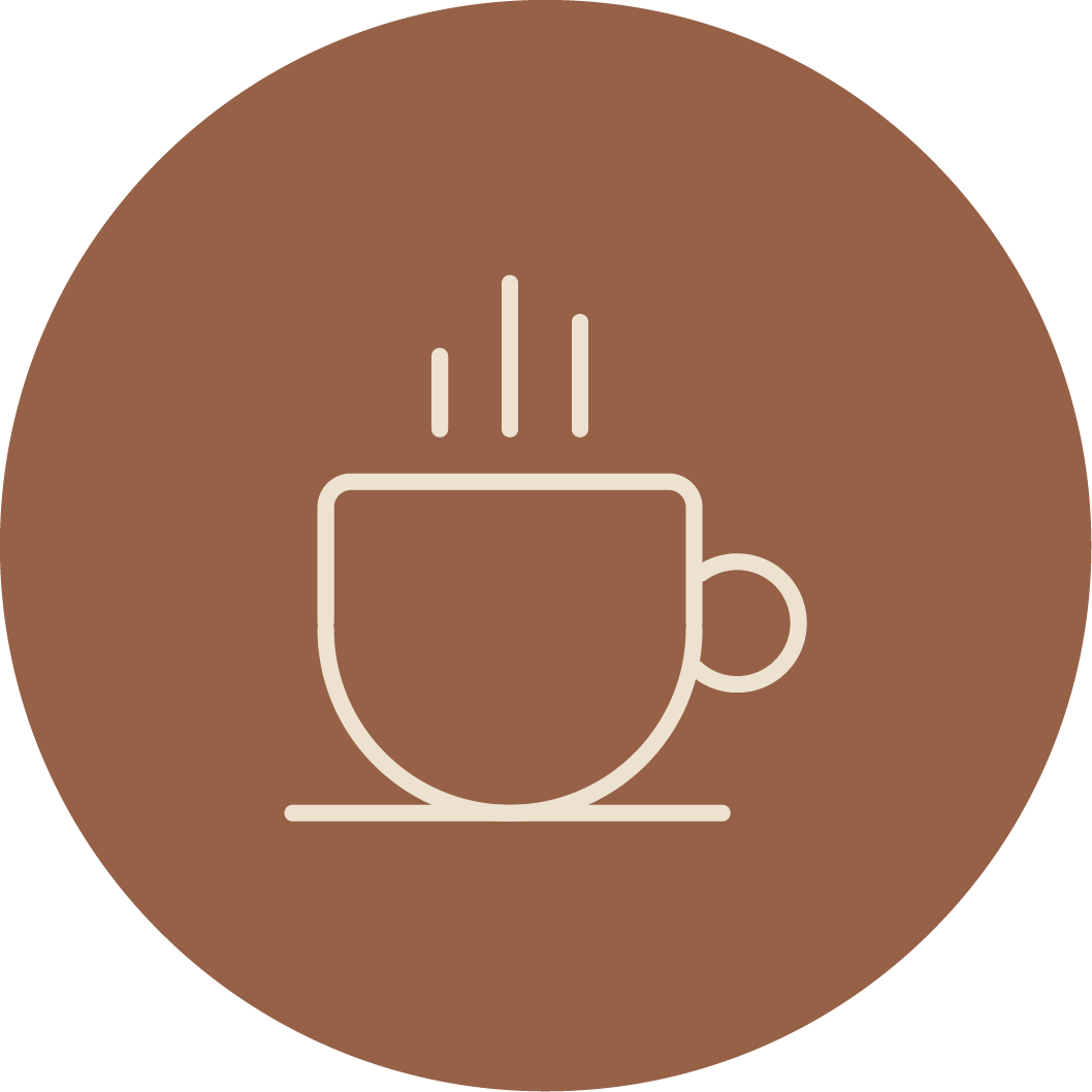 Simple icon of a steaming coffee cup on a brown circular background.