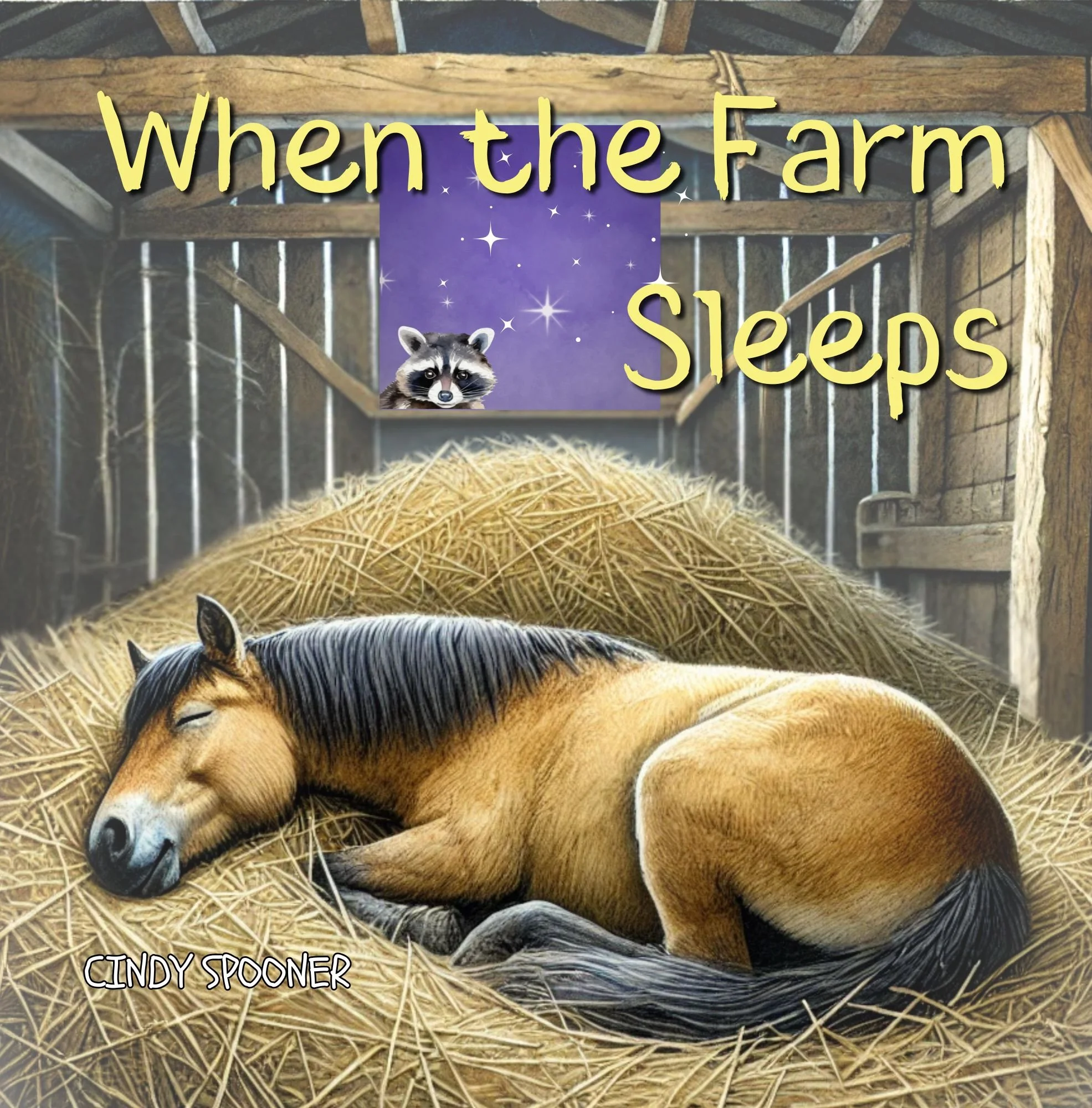 A sleeping horse in a hay-filled barn with a purple night sky seen through an open stall door. A raccoon peeks through the door, and the book title 'When the Farm Sleeps' is displayed at the top with the author's name, Cindy Spooner, at the bottom.
