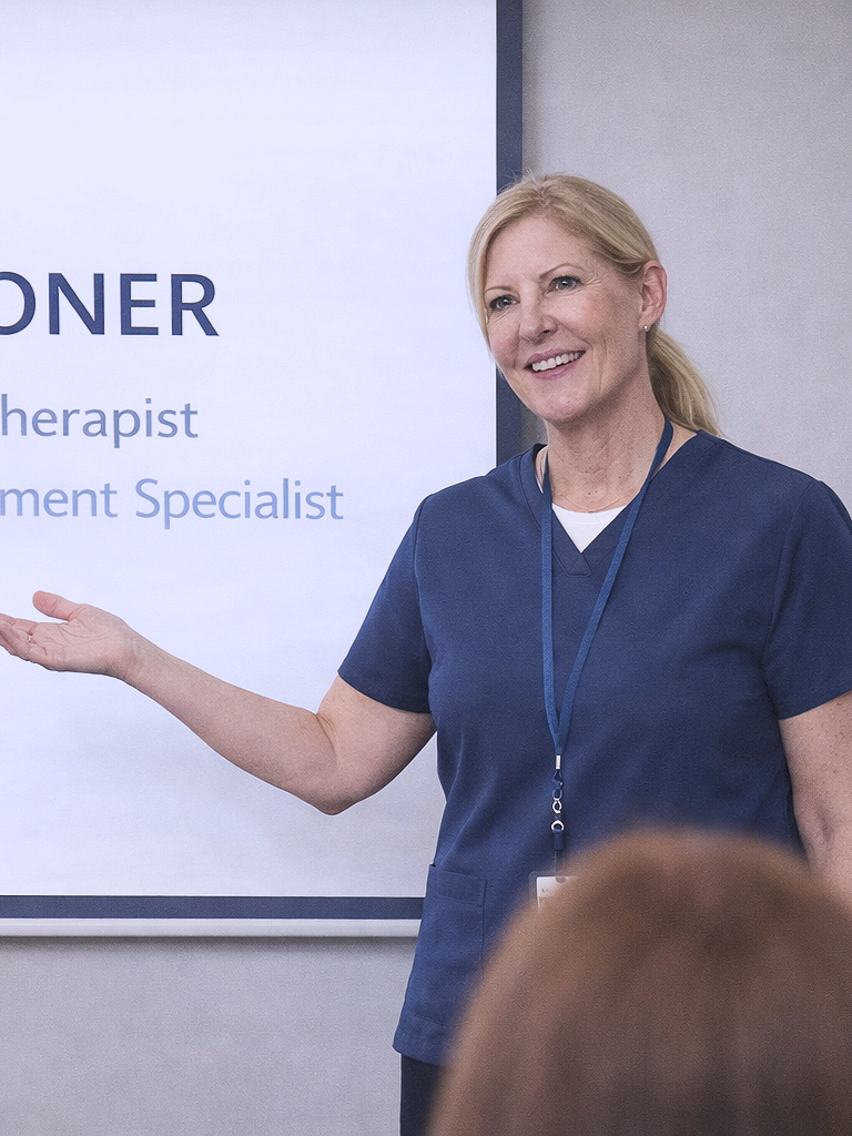 A female healthcare professional in navy scrubs giving a presentation or lecture in a medical setting.