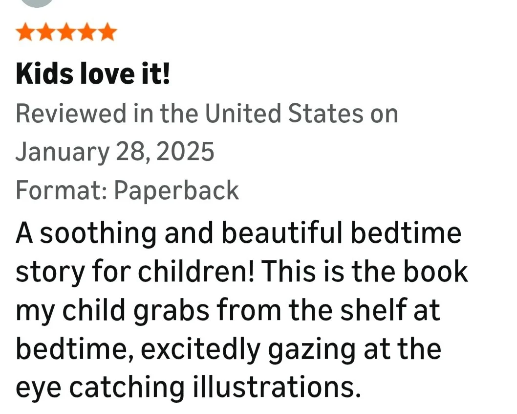 Screenshot of a book review highlighting a children’s bedtime story with a five-star rating, review date, and description of the book's appeal to kids.