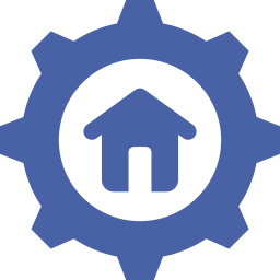 A blue gear icon with a house symbol inside.