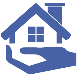 A blue house with a roof, window, and chimney being held by a hand.