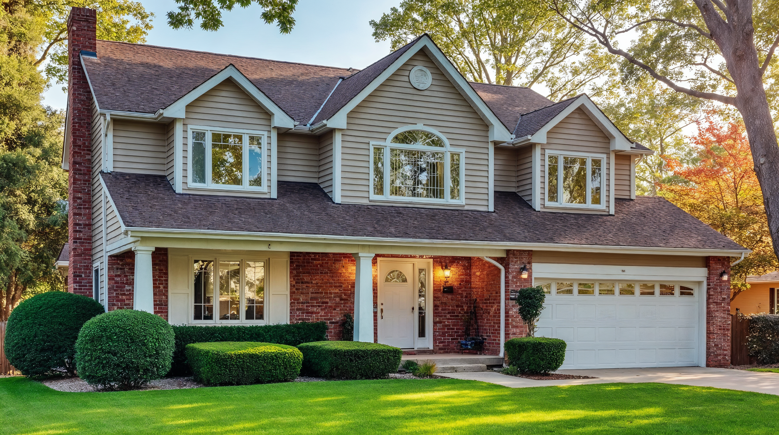 Front view of a two-story suburban house with a combination of brick and beige siding, triple garage, neatly trimmed bushes, and a well-kept lawn, surrounded by trees.