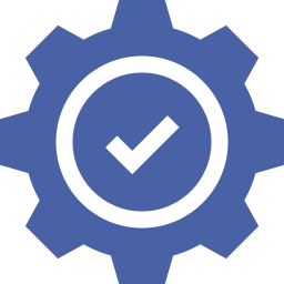 A blue gear icon with a check mark inside a circle in the center.
