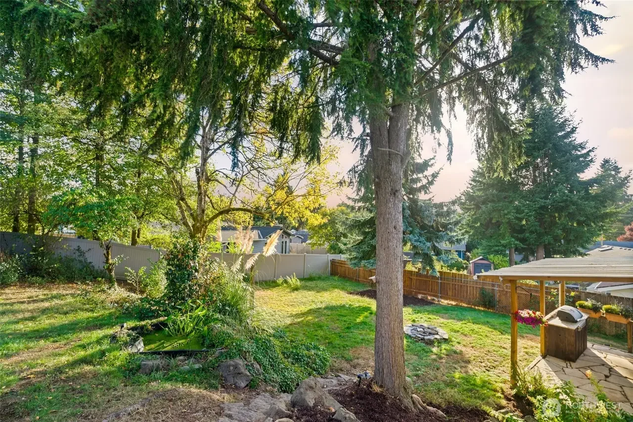 A backyard with large trees, a grassy lawn, a small pond, and a covered patio area with a barbecue grill and hanging flower baskets.