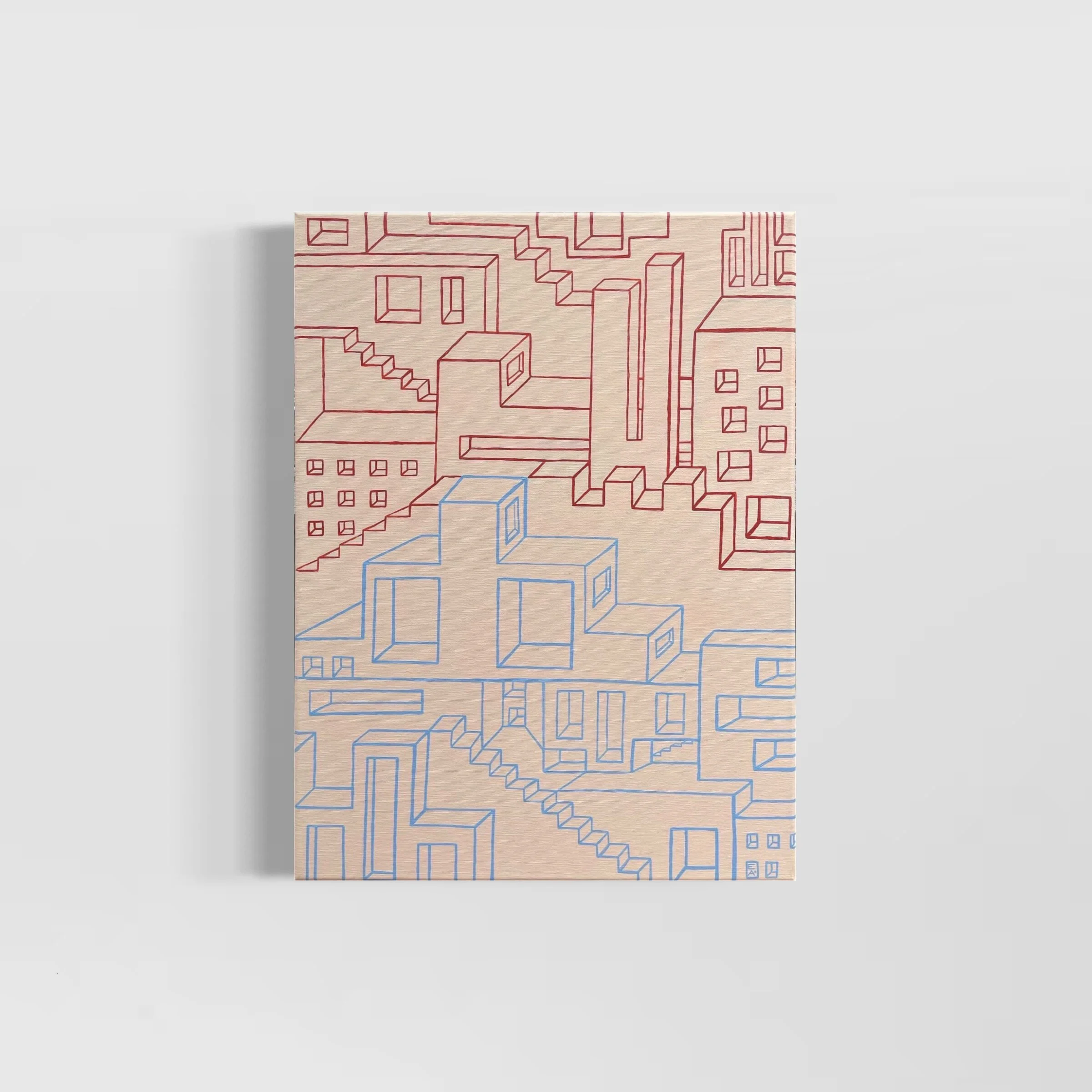 A wooden panel with a line drawing of a cityscape with multiple buildings and stairs, in red and blue ink.