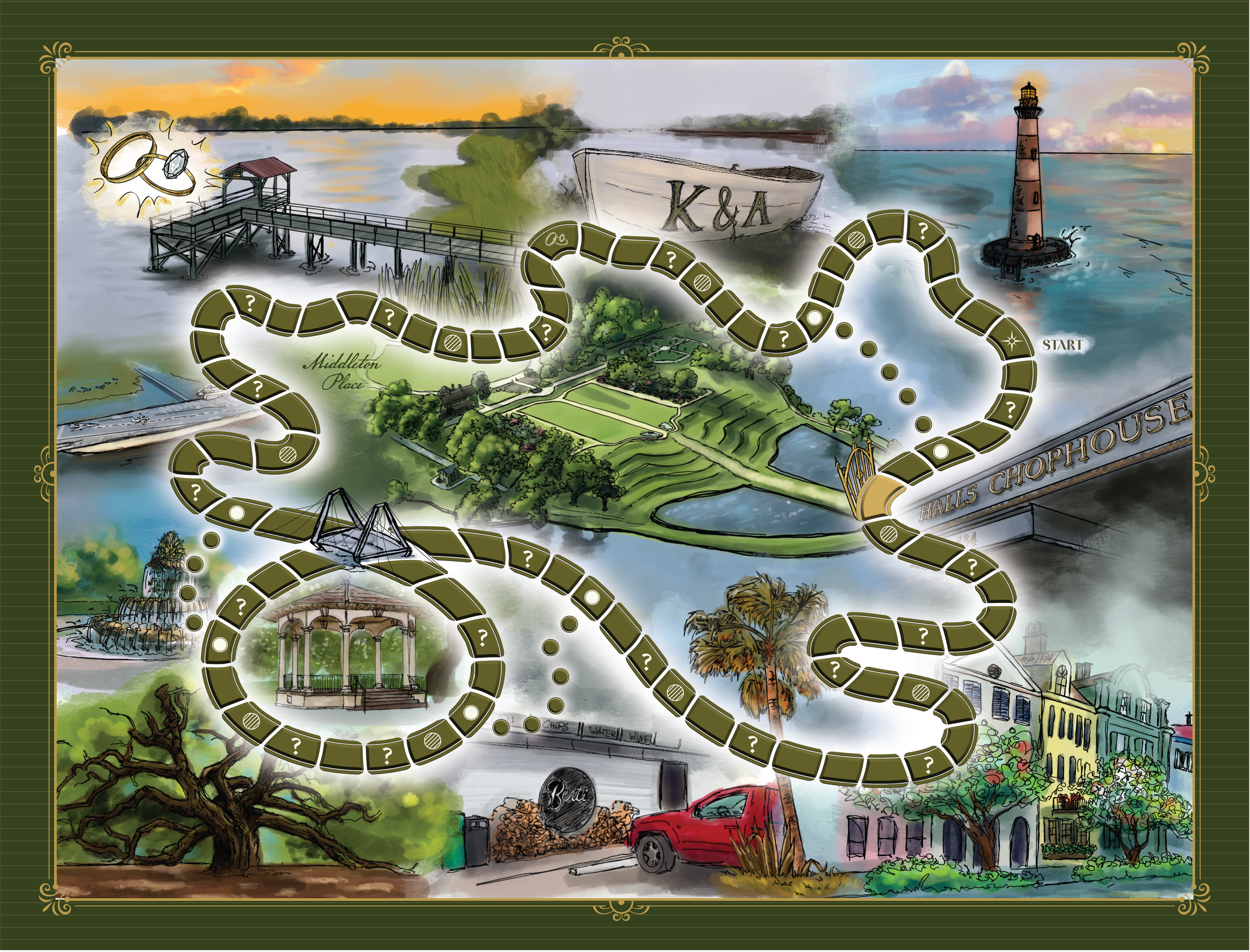 The full board, based on famous Charleston locations