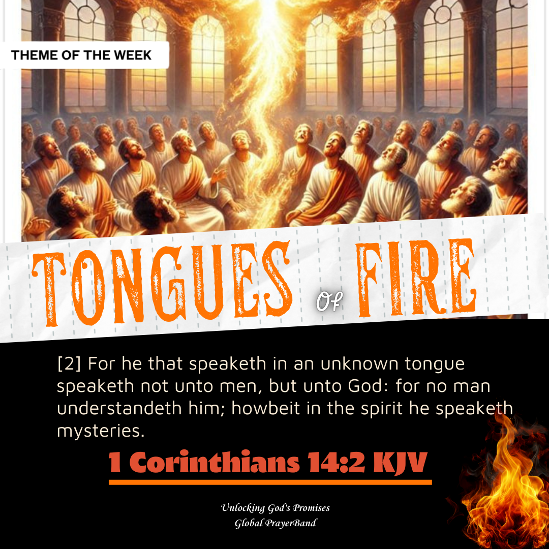 Religious artwork depicting Jesus Christ with a glowing tongue surrounded by followers, flames at the bottom, and the text 'TONGUES of FIRE' with biblical verse 1 Corinthians 14:2 KJV.