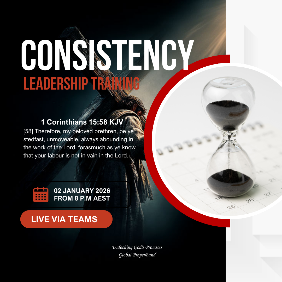 Event poster for a leadership training on consistency featuring a Bible verse from 1 Corinthians 15:58 about labor in vain, scheduled for January 2, 2026, at 8 p.m. A church background with a person praying, an hourglass with black sand, and the even