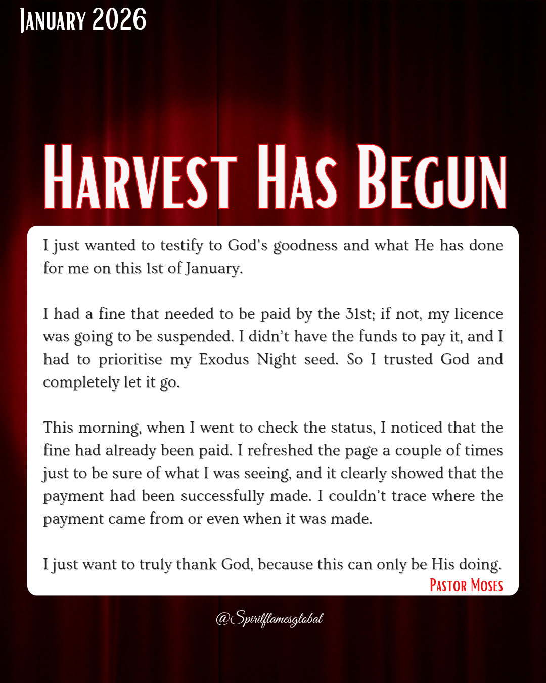 A religious message titled 'Harvest Has Begun' with a red and black background, dated January 2026, and a testimonial from Pastor Moses about God's blessing on January 1st.