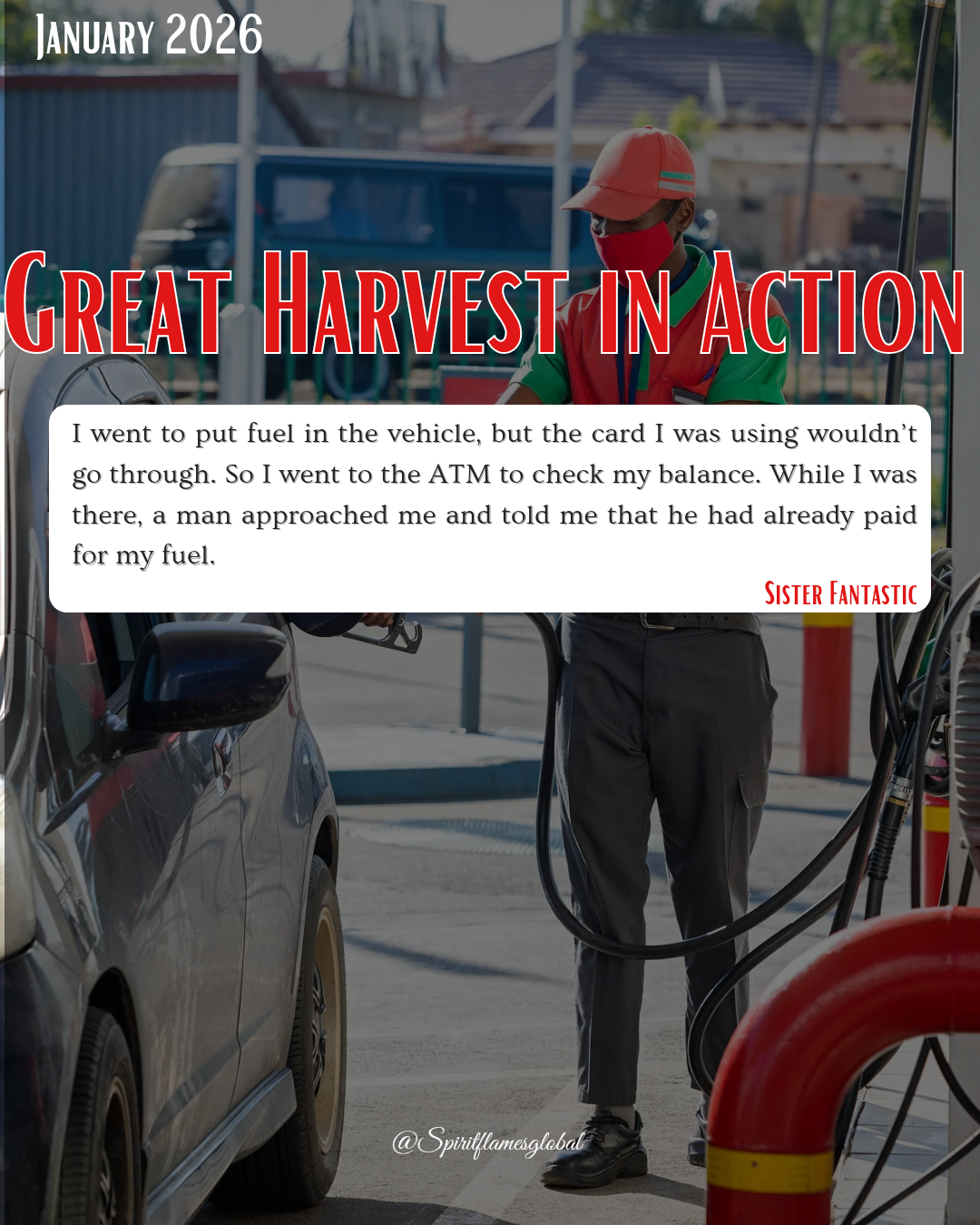 A person wearing a red mask and orange cap is refueling a car at a gas station, with a text overlay celebrating a successful harvest in January 2026.