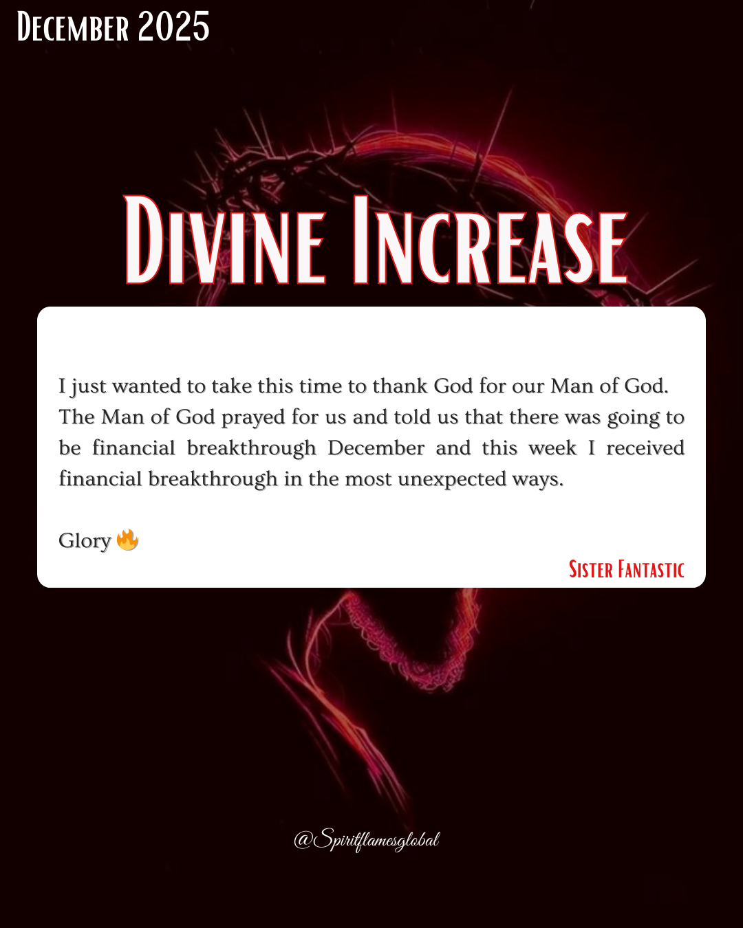 A digital graphic with a dark background featuring a pink and red glowing outline of a heart. The text 'December 2025' appears at the top left corner. The main text, 'Divine Increase,' is prominently displayed in large, bold, red letters. Below, ther