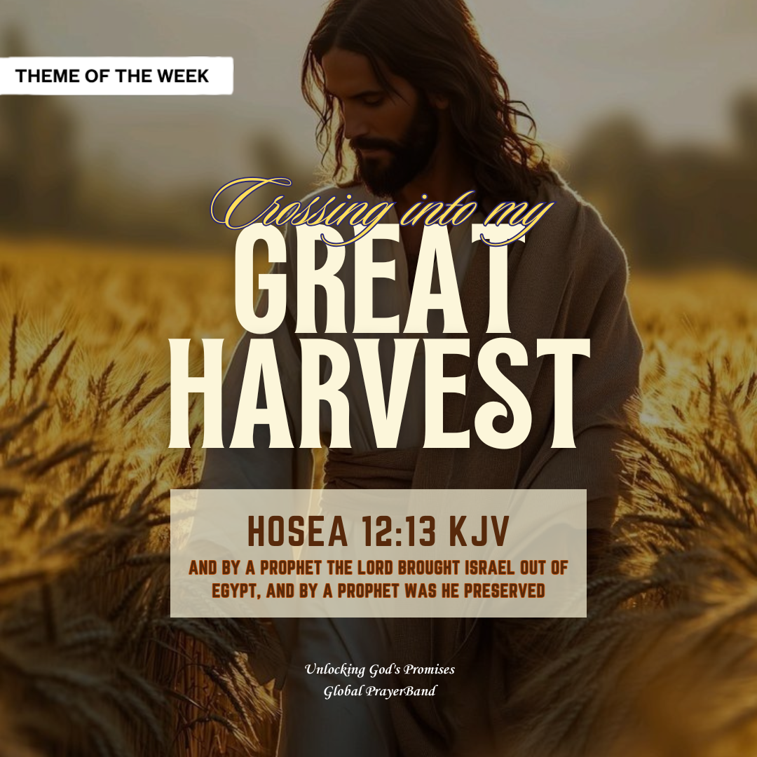 A man with long hair and a beard walking through a wheat field during sunset, with overlay text about biblical themes and a quote from Hosea 12:13.
