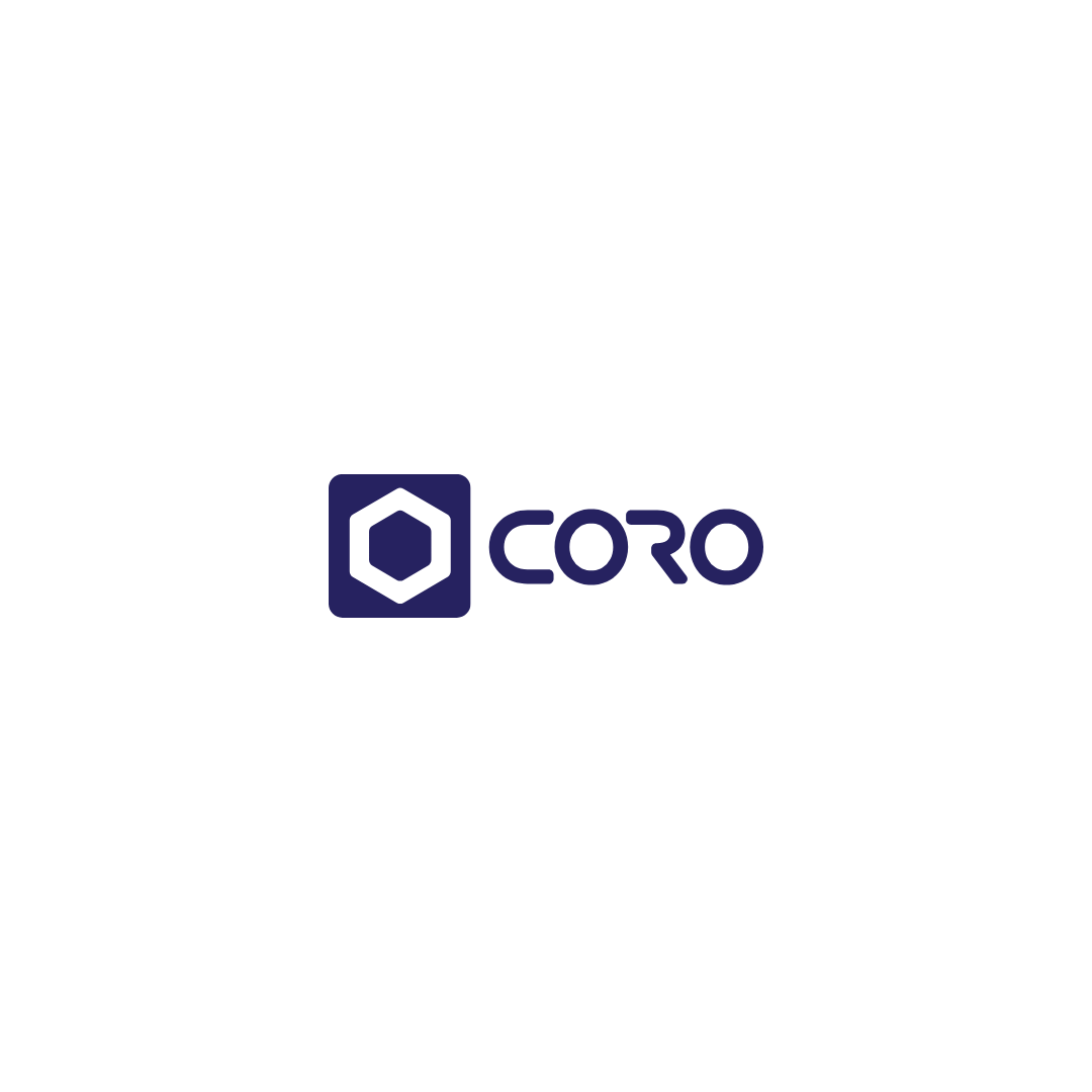 Dark background with a logo consisting of a purple hexagon inside a square and the word 'CORO' in purple letters.