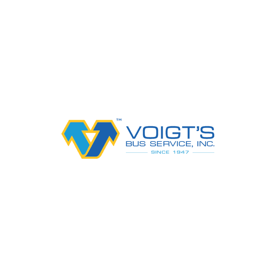 Voigt's Bus Service, Inc. logo featuring stylized blue and yellow arrows and text indicating it's a bus service company established in 1847.