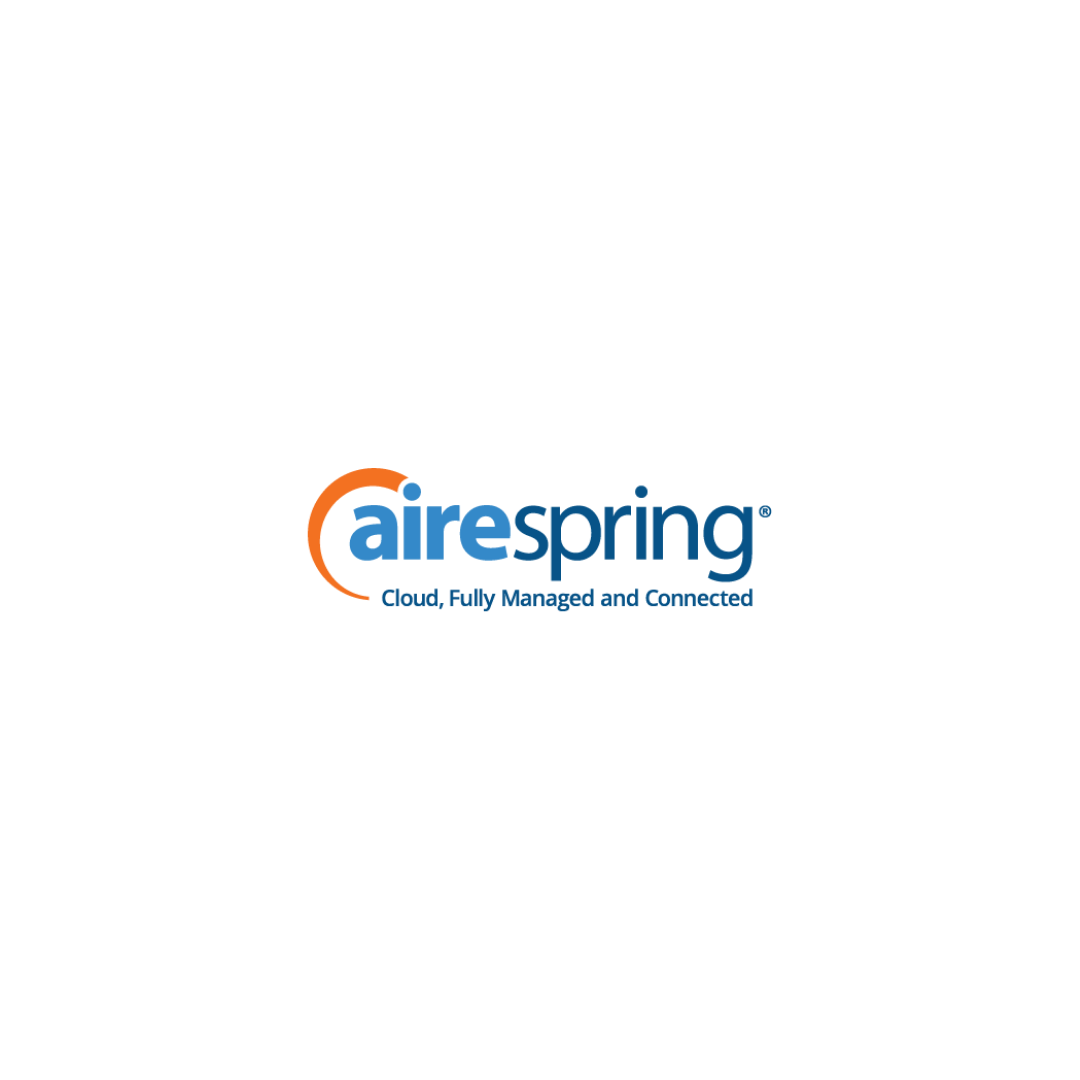 A black background with the AireSpring logo, featuring an orange and blue circular design and the text 'airespring' with the tagline 'Cloud, Fully Managed and Connected' in blue.