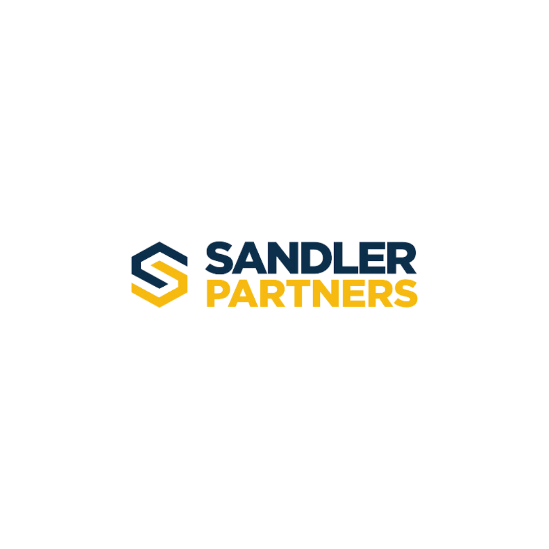 Sandler Partners logo with a hexagon graphic and the company name in blue and yellow text on a black background.