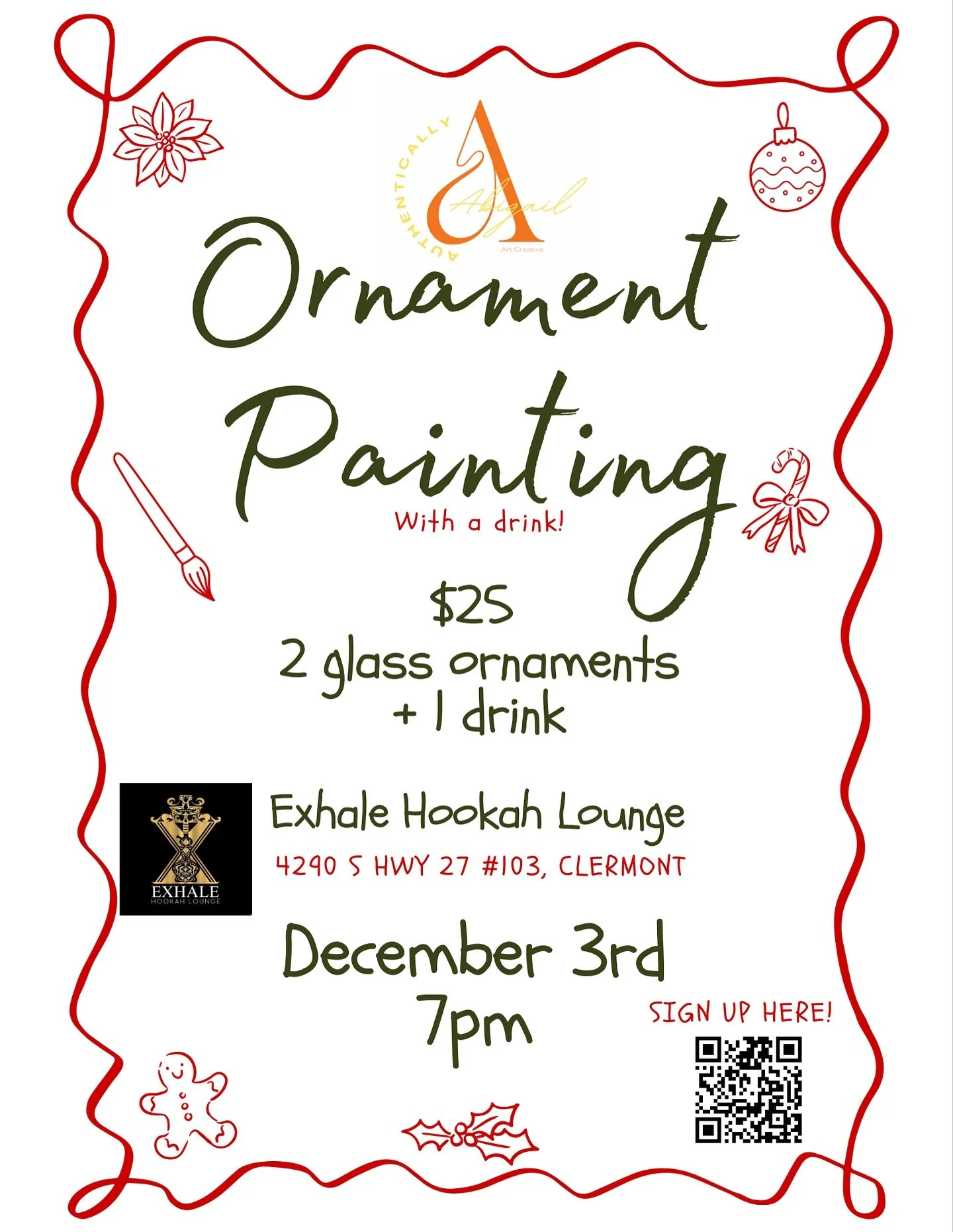 🎄 Ornament Painting Night at Exhale Hookah Lounge 🎨🍸
Get into the holiday spirit with a relaxing evening of creativity and fun! Paint 2 beautiful glass ornaments while enjoying a complimentary drink at Exhale Hookah Lounge.
✨ Perfect for a cozy ni