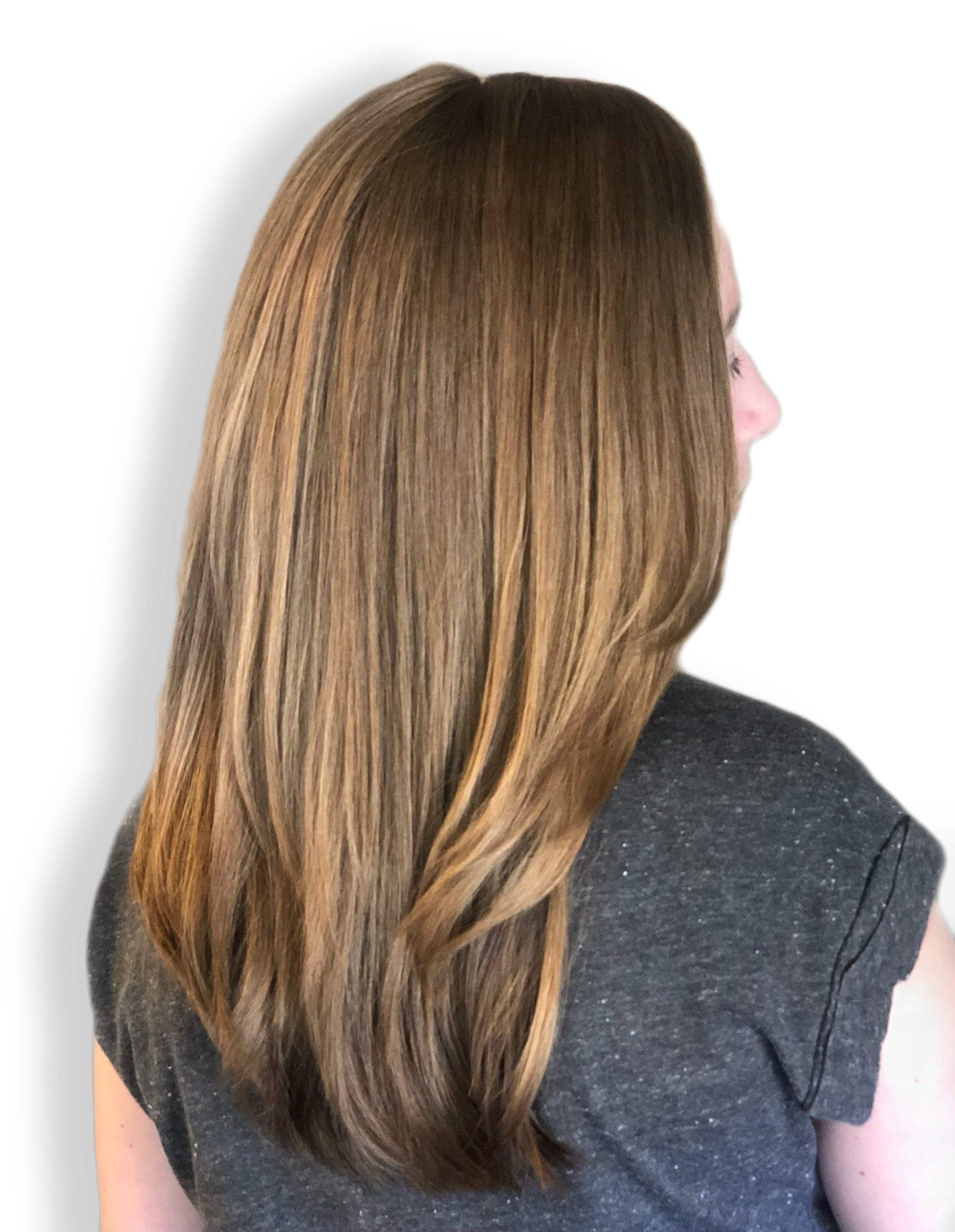 Woman with long, straight brown hair seen from the back