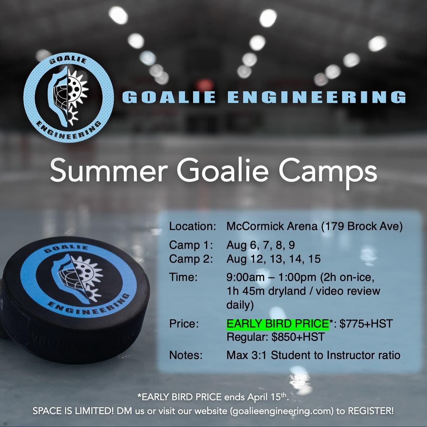 You asked for it, so we delivered - our FIRST EVER Summer Goalie Camps are open for registration! Book before April 15th and SAVE $75 with our Early Bird Discount.
.
Come train with us to unlock your potential and take your game to the next level. We