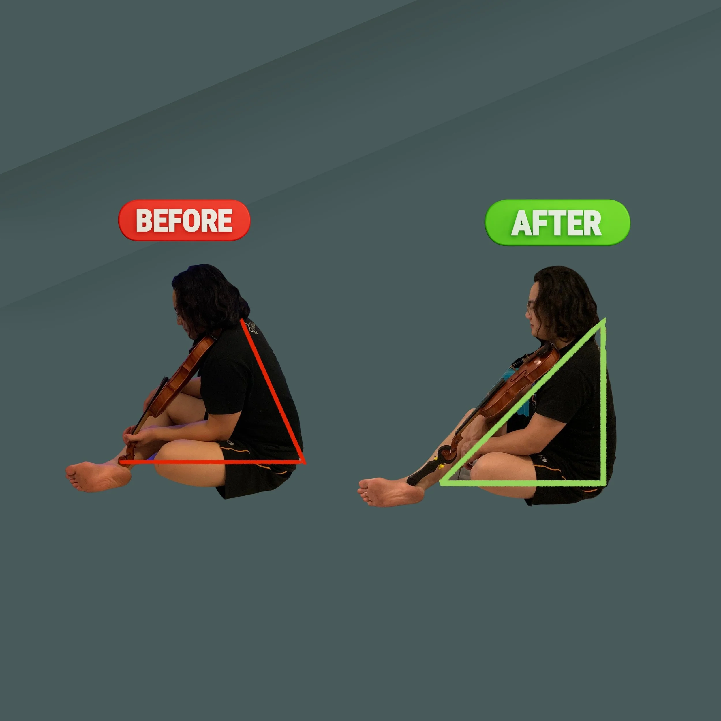 Comparison of a person sitting with a violin, showing a 'before' cross-legged sitting position with poor posture and an 'after' sitting position with improved posture and a more upright back, marked with red and green labels respectively.