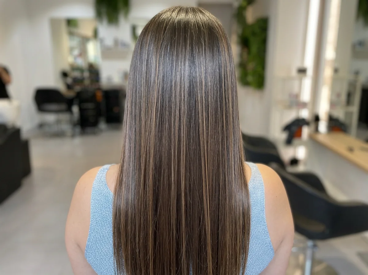 Long brunette hair after keratin treatment, worn straight and glossy, seen from behind in the salon
