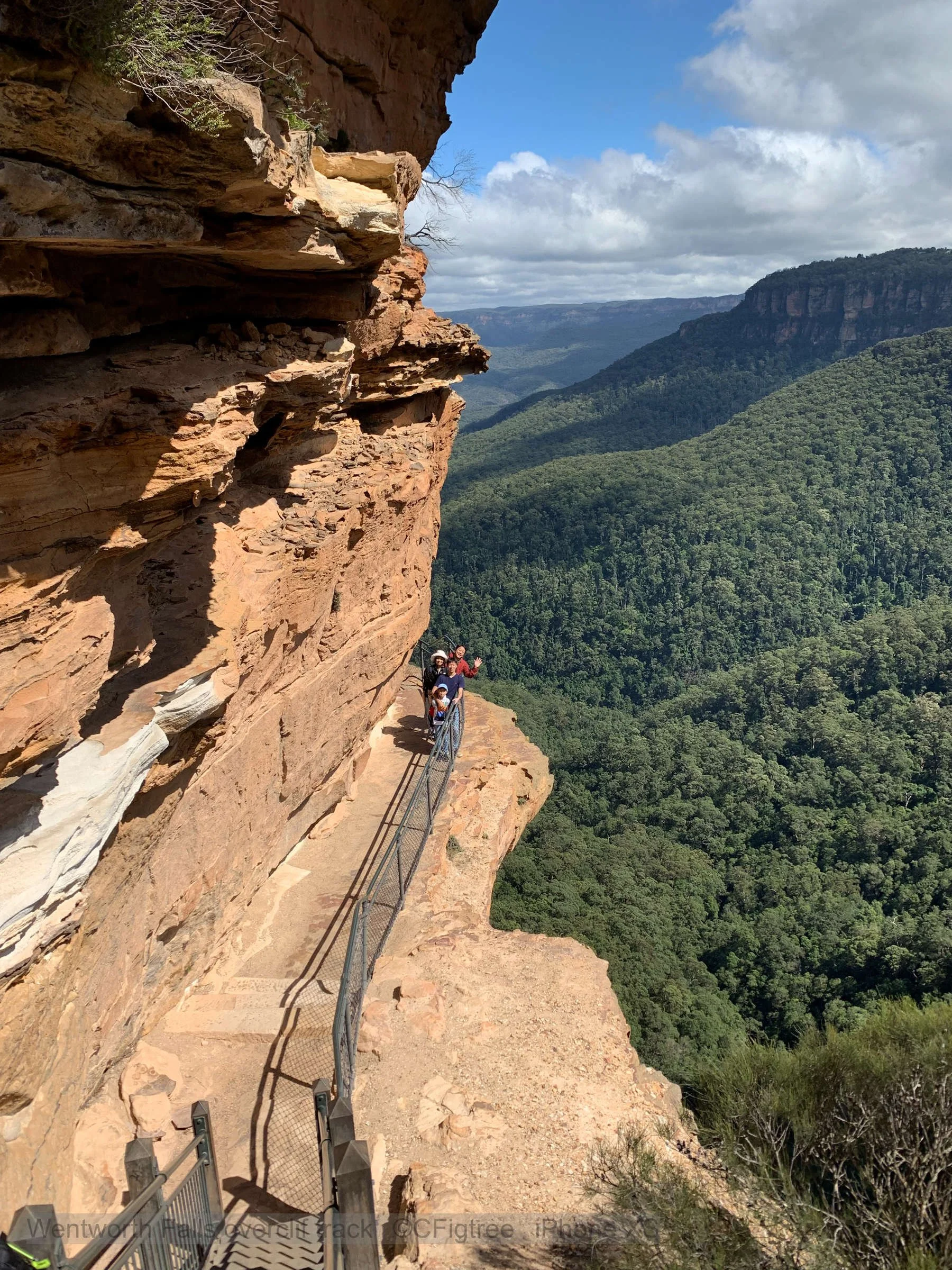 Small private group hiking on scenic clifftop ledge overlooking lush green valleys and escarpments in Blue Mountains National Park – Easy grade relaxed exploration