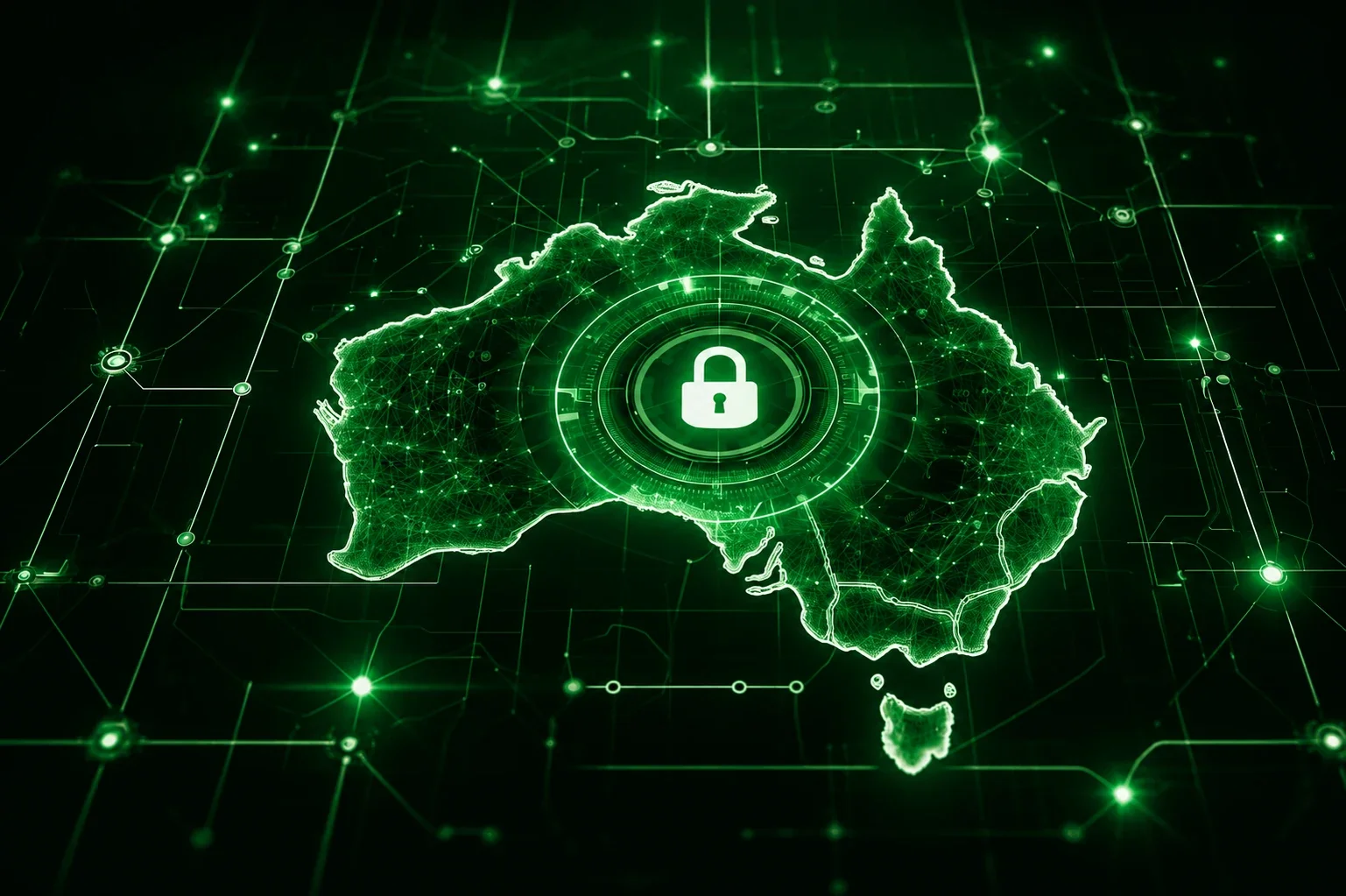 Digital map of Australia representing cybersecurity, secure ICT and data protection.
