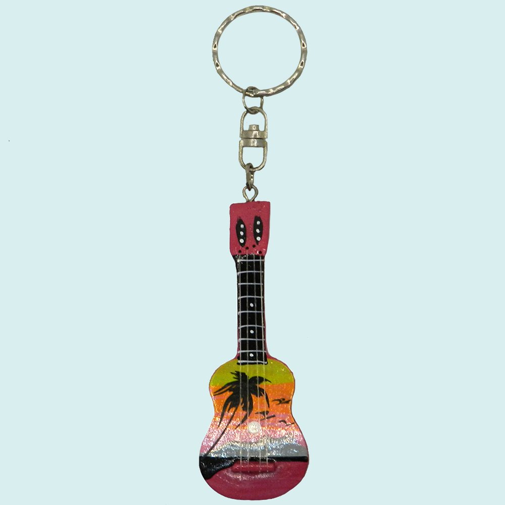 Porte clefs en bois guitare rose et fushia