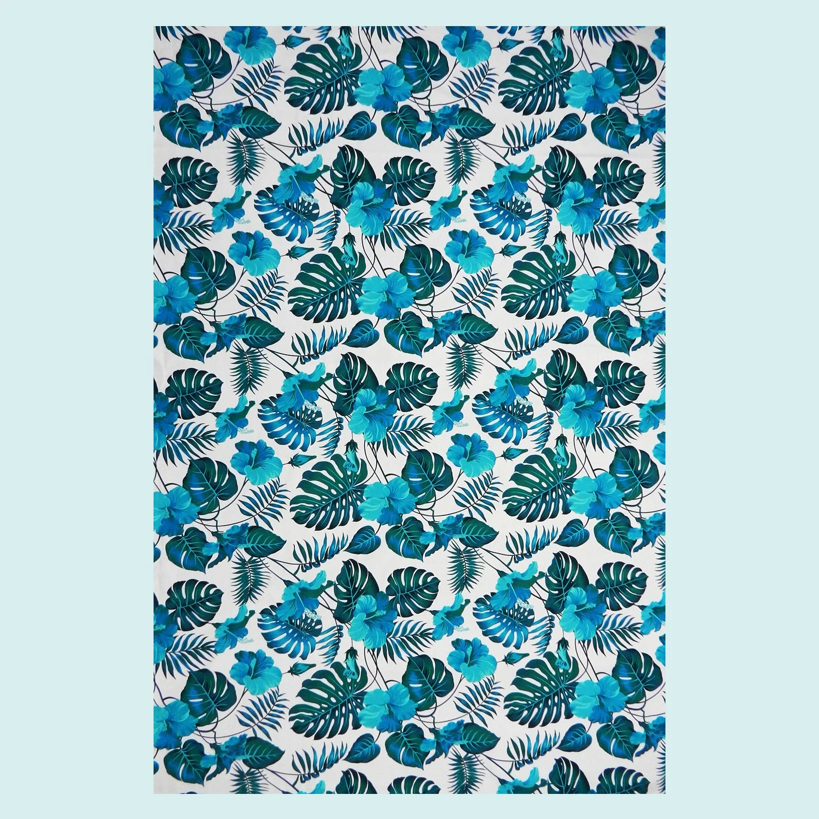 Tissu blanc feuillages hibiscus vert turquoise || TIC049