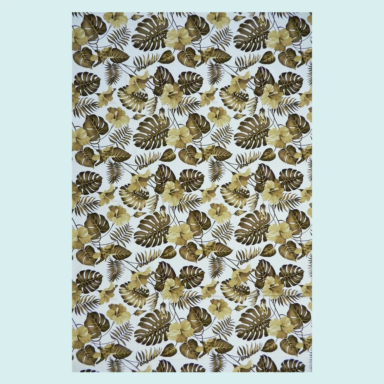 Tissu blanc feuillages hibiscus marron || TIC051